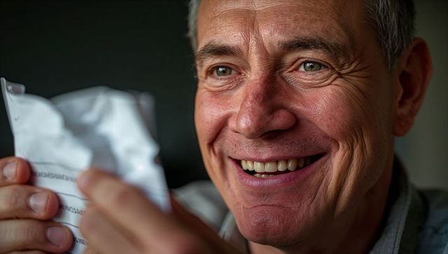 Smiling senior man holding crumpled paper closeup showing joy and relief