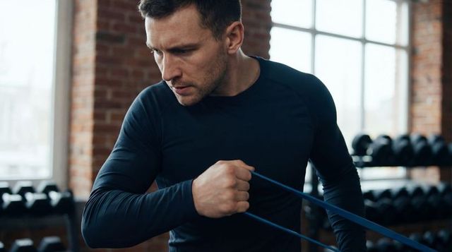 Focused man performing resistance band row in brick-wall gym for strength and mobility
