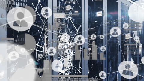 Visual representation of digital networks connecting various devices in a modern server room environment. Ideal for illustrating concepts in technology, communication networks, data management, and financial technology sectors. Suitable for presentations, websites, and educational materials focusing on digital transformation and information systems.
