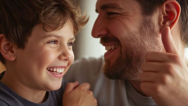 Smiling father and son sharing thumbs-up and laughing close family bonding warm portrait