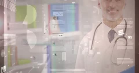 Smiling Doctor with Digital Health Technology Overlays