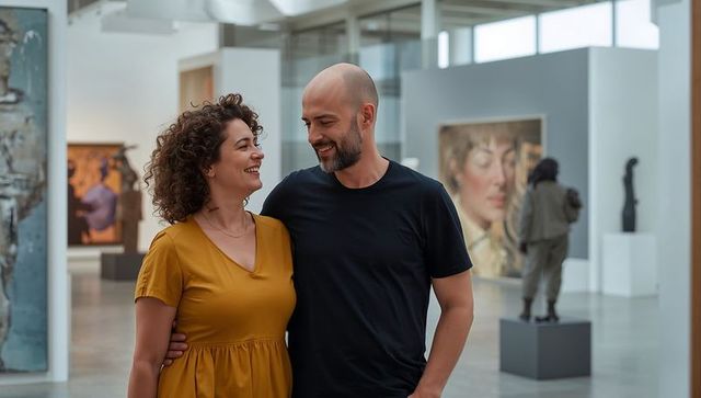 Couple strolling and smiling in modern art gallery embracing amid paintings and sculptures