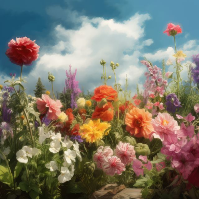 Bright and colorful wildflowers bloom under a vivid blue sky with fluffy white clouds. The scene radiates lush and vibrant floral beauty. Ideal for use in gardening content, spring and summer themes, and nature-related materials.