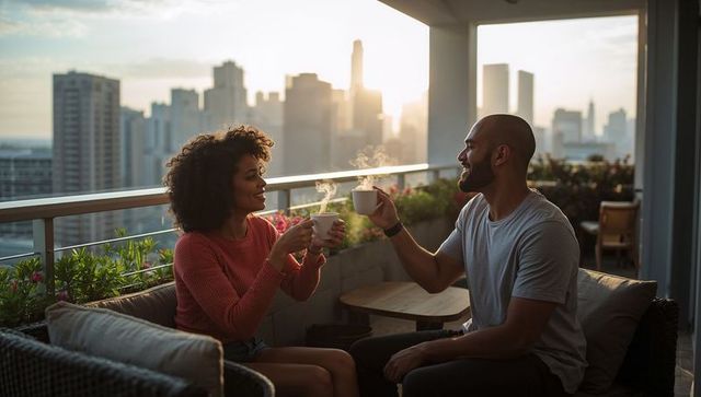 Couple sharing steaming mugs on urban balcony at sunset – cozy rooftop coffee moment