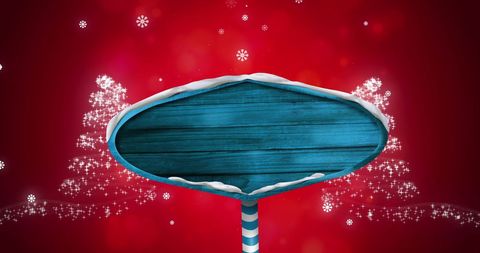 Blue Wooden Sign Post with Falling Snowflakes and Christmas Trees