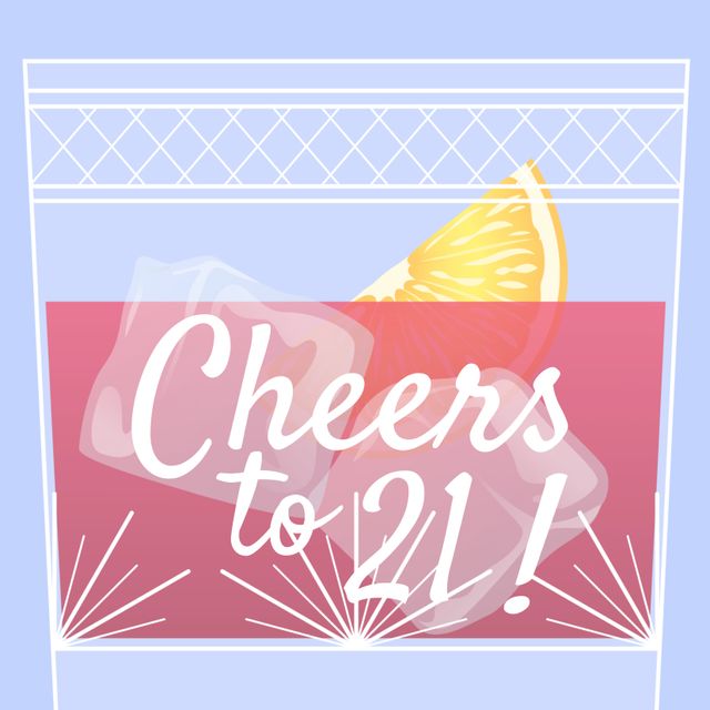 This vibrant graphic is perfect for celebrating a 21st birthday milestone. Ideal for party invitations, banners, social media posts, and greeting cards, it features a cheerful 'Cheers to 21!' message with ice cubes and a slice of orange, adding a fun and festive touch to the design.