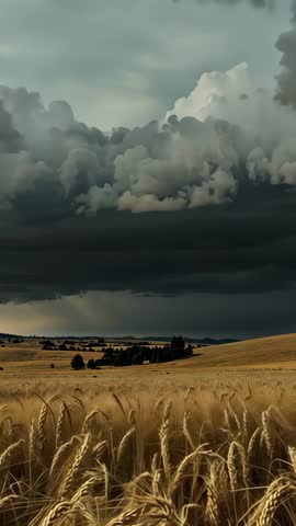 Building cumulonimbus clouds over golden wheat field revealing distant rain shaft | Vertical video