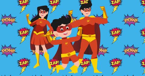 Superhero Family Celebrating with Comic Style Background