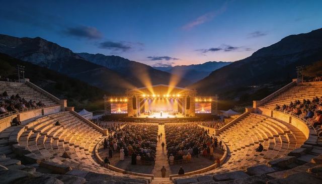 Open-Air Mountain Amphitheater Concert at Twilight with Lit Stage, LED Screens and Audience