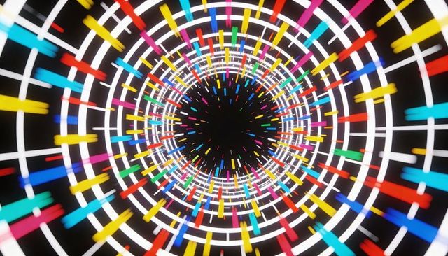 Neon tunnel of spiraling rings and colorful bars creating futuristic led vortex abstract background