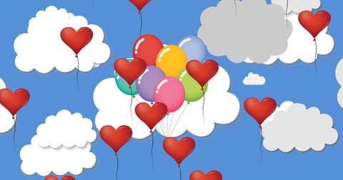 Colorful Heart Balloons Floating in Blue Sky Scenery