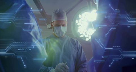 Operating surgeon performing surgery under surgical light with futuristic digital interface overlays