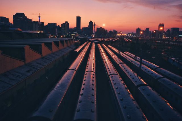 Sunset view of urban skyline with trains parked in train yard. Picture ideal for themes on transportation, city life, industrial areas, and twilight settings. Great for backgrounds, advertisements, and social media posts highlighting city infrastructure and evening ambiance.