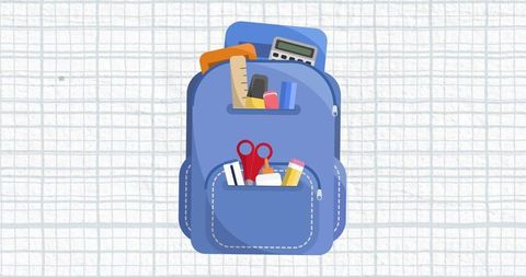Blue School Backpack with Supplies Against Checked Background
