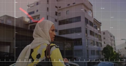 Woman in hijab walking through city with backpack and data overlay