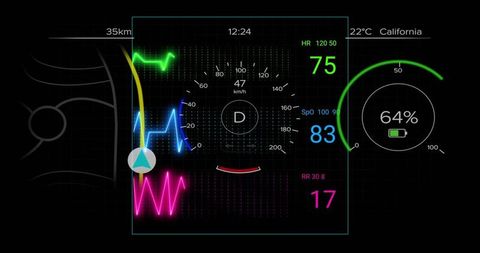 Futuristic cockpit HUD displaying speed, gear, waveform telemetry, vitals and battery