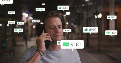 Man on Phone with Floating Social Media Icons