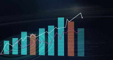 Futuristic data dashboard with bar charts and trend lines