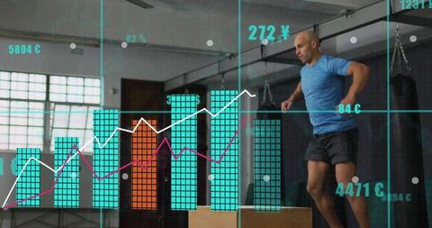 Mid-adult man performing box jumps in gym with HUD data overlay, plyometric training