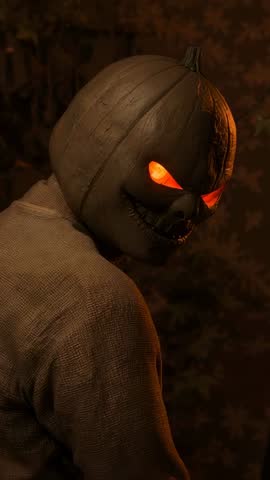 Pumpkin-Helmeted Figure Glancing Over Shoulder with Glowing Eyes in Dusk Clearing