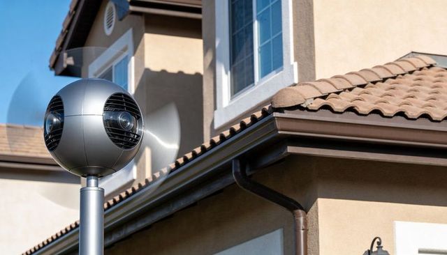 Modern rotating security orb with spinning blades by suburban tile-roof house