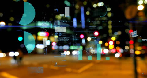 Digital Interface Overlay with Cityscape and Data Visualization