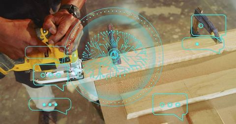 Carpenter Cutting Wood with Jigsaw While AI Circuit Overlay Visualizing Smart Workshop