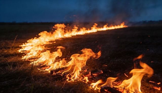 Sinuous grassfire line burning through dry prairie at dusk with glowing embers and smoke