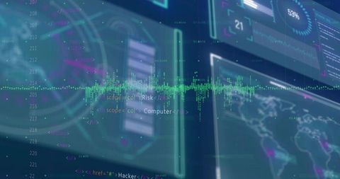 Futuristic Cybersecurity HUD with Pulsing Waveform and Interactive Analytics Dashboard