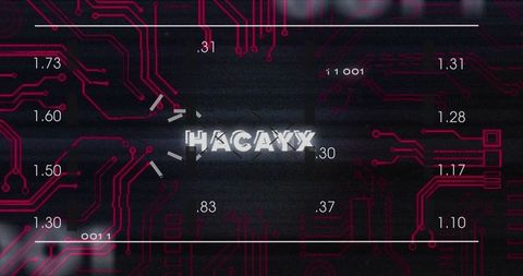 HACAXX logo glitching on cyber interface featuring neon magenta PCB traces and scanlines