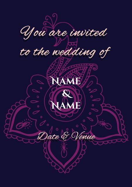 This wedding invitation is perfect for couples looking for a mix of elegance and tradition. The intricate Indian design on a rich blue background adds a festive, cultural touch while the modern typography makes it versatile for any wedding theme. It is highly customizable with placeholders for names, date, and venue. This template can be used for digital invitations, physical wedding cards, or as a part of a wedding website.
