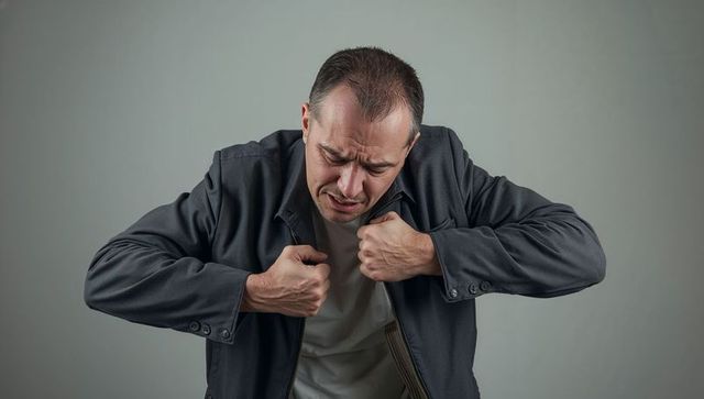 Middle-aged man clutching chest showing heart pain and distress wearing dark jacket