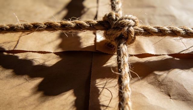 Close-up rustic jute twine knot on kraft paper showing natural fiber texture and shadows