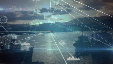 Digital Connections Overlaying Scenic Harbor at Twilight