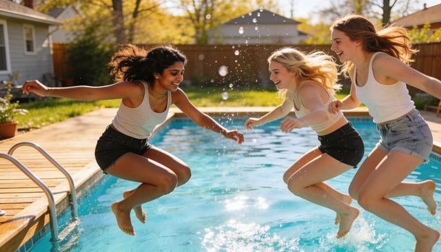 Jumping teenage friends splashing into backyard pool laughing during sunny summer party
