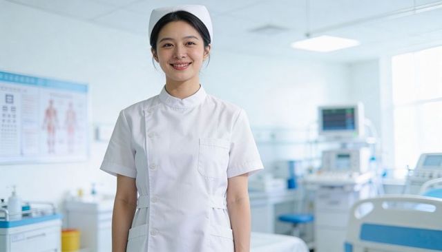 Smiling nurse in white uniform standing in bright hospital ward with medical monitors