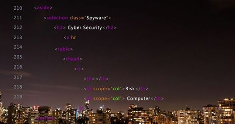 Cybersecurity Theme with Code Over Urban Skyline - Download Free Stock Images Pikwizard.com