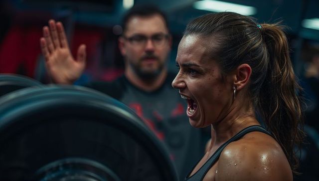 Intense weightlifting training with supportive coach in gym environment