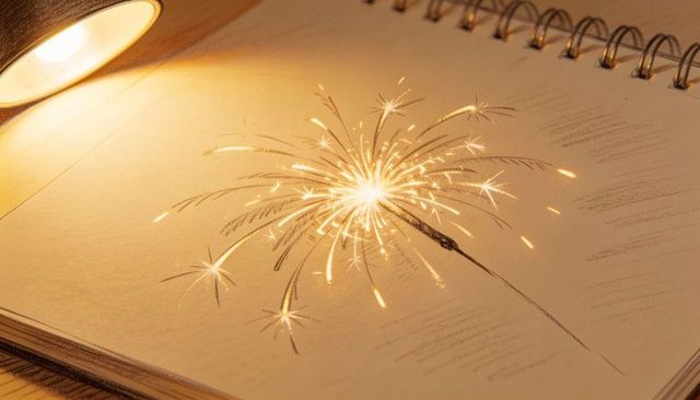Warm lamp illuminating sparkler sketch on spiral notebook with glowing graphite sparks