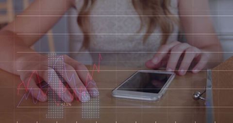 Woman interacting with smartphone with finance data overlay on wooden desk for mobile trading