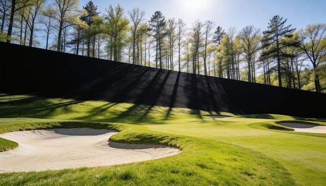Sunlit golf sand bunker and rolling putting green with long retaining wall shadows