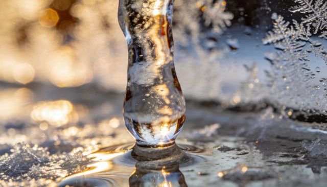 Sunlit ice pillar reflecting golden bokeh on shallow frozen surface, macro frost detail