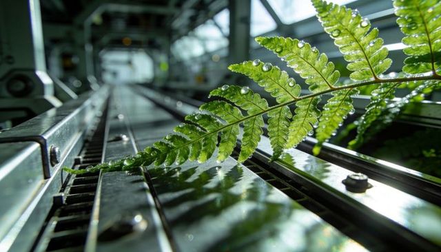 Fern frond resting on steel nursery bench rails casting dew droplets and reflective shadows