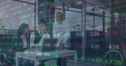 Diverse team analyzing financial data with stock market statistics