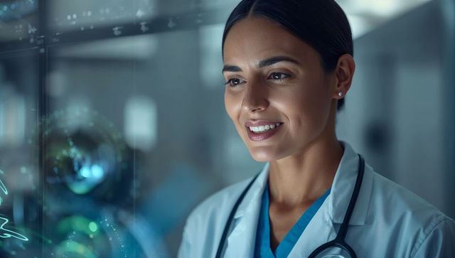 Female physician analyzing holographic medical data on hospital glass panel