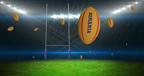 Rugby Game Night with Romania Branded Ball - Download Free Stock Images Pikwizard.com