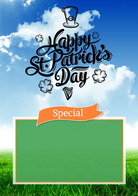 Design perfect for promoting St. Patrick's Day events and specials. Features vibrant blue sky with clouds backdrop, green banner for custom text, decorative elements including Irish symbols and festive typography.