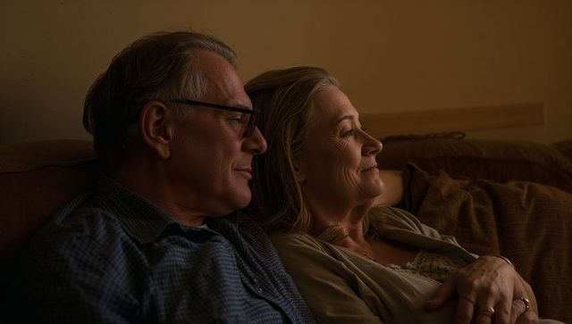Senior couple cuddling on sofa at dusk sharing quiet, cozy, intimate evening together