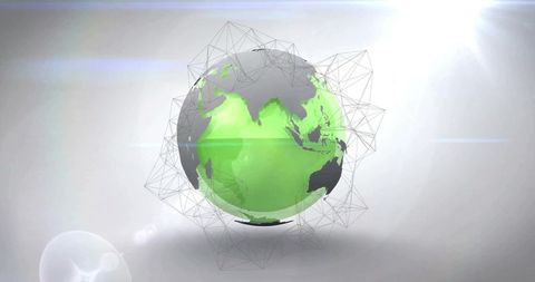 Green globe floating with wireframe mesh and network overlay for tech and sustainability