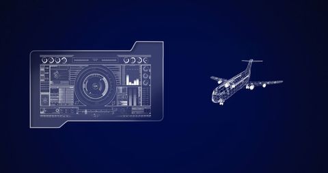 Digital airplane wireframe with navigation dashboard interface